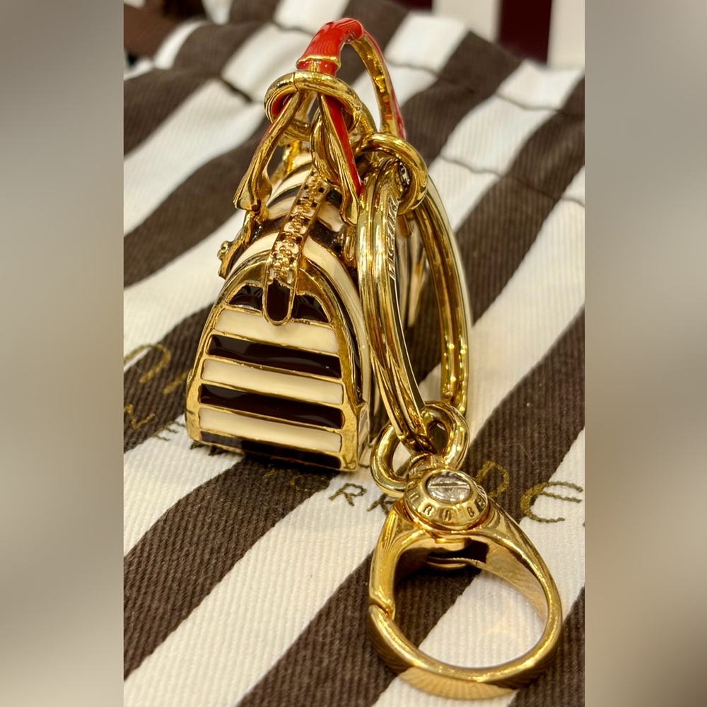 NWOT HENRI BENDEL Gold & Brown Stripe Mini Bag Keychain with Red Handle - Picture 13 of 14